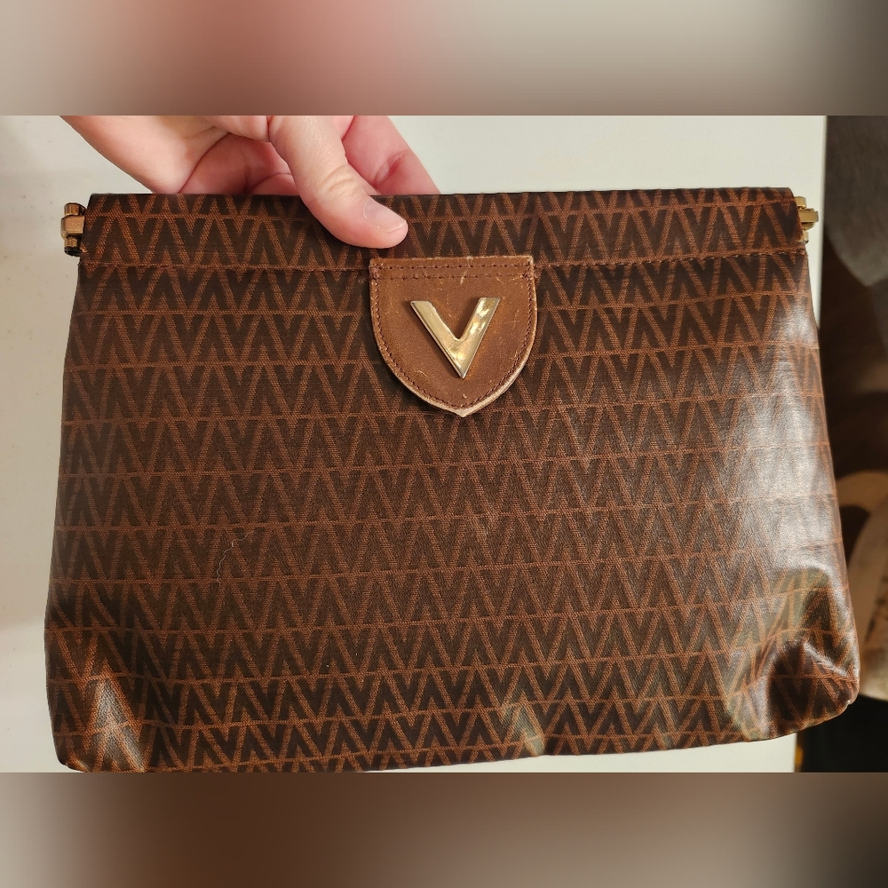 Mario Valentino Vintage Brown Clutch- Gold Logo W/Leather Accents EUC- Italy - Picture 8 of 12